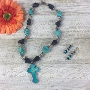 Cross Necklace and Earrings Set-Turquoise Look